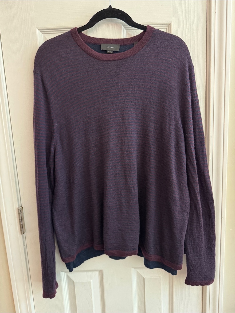 VINCE Mens Striped Merino Wool Double Layer Crewneck Sweater Navy Burgundy XXL